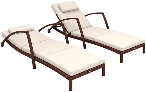 Outsunny Wicker Chaise Lounge Chair Outdoor Set of 2, 5-Position Adjustable Reclining Pool Lounge Chairs with Wheels, Rattan Outdoor Lounger with Cushion, Armrests for Poolside Beach Backyard, Beige