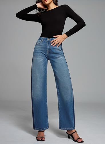 Sidefeel Women's Baggy Jeans High Waisted Stretchy Wide Leg Jeans Color Block Patchwork Barrel Loose Denim Pants3