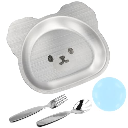 Assiette en Acier Inoxydable pour Enfants,Ensemble de Vaisselle en Forme D'ours,Assiettes à Dîner Incassables,avec Ventouse et Couteau et Fourchette, pour les Mangeurs Difficiles,Déjeuner, Camping