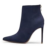 GENSHUO Stiefeletten Navy Blau Damen Spitz Stiletto Kurze Stiefel mit Reißverschluss Hinten Sexy Geschlossen High Heels Stiefelette Wildleder Zipper Ankle Boots mit Pfennigabsatz Stiefelschuhe 41EU