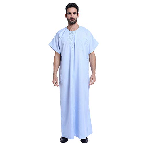 XINNI Men Arabic Short Sleeve Thobe Embroidery Crew Neck Kaftan Robe for Summer