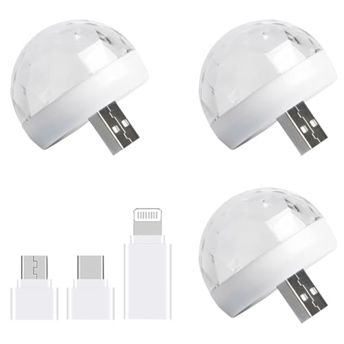 WUSJCOF 3 Pièces Mini Lumière Disco USB, DJ Ball USB Éclairage de Fête avec 3 Adaptateurs, 4W Boule Disco Activée par le Son pour Toutes les Fêtes et Décoration Intérieure de Voiture