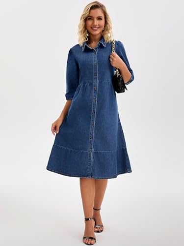 Women's Denim Dress Puff 3/4 Sleeve Button Up Collar A Line Swing Ruffle Tiered Midi Jean Dresses3