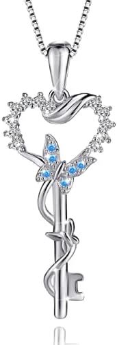 VANLAMS Key Necklace for Women, S925 Sterling Silver Butterfly Key for Love Heart Pendant Necklace Birthday Gifts (Butterfly Key)