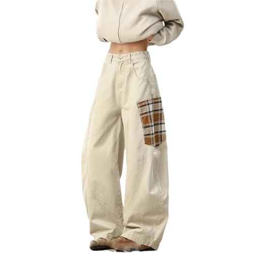 Men’S Vintage Y2K Streetwear Loose Fit Wide Leg Cotton Jeans High Waist Button Fly Distressed Plaid Full Length Daily Jeans