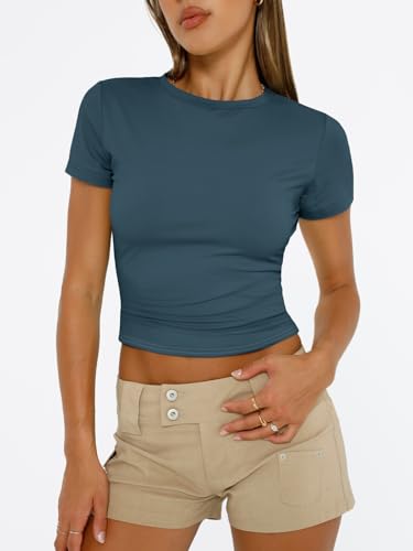 Trendy Queen Womens Basic T-Shirts Scoop Neck Short Sleeve Crop Tops Cute Summer Tops Slim Fit Tees Y2k Clothing