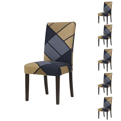 Image of Chair Cover Set of 6 for Dining Table - Stretchable, Washable, Removable, Anti-Slip Protector, Universal Fit Dining Chair Cover (Grey & Beige Geometric Grid)