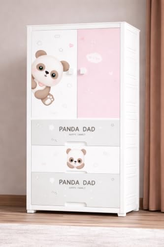Image of EXVITO Plastic Wardrobe for Cloth with Drawers & Hanging Rod | Baby Cupboard for Clothes Storage | Foldable Collapsible Plastic Almirah for Kids | Cartoon Design Cabinet for Bedroom (Pink, 3 Door)