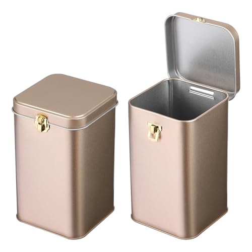 Sourcing Map 2 Pack Square Tin Can, Metal Empty Storage Container Tinplate Tea Canister with Lid for Treats, Gifts, Favors, Loose Tea, Coffee, Crafts Cookies (85x85x140mm, Gold)