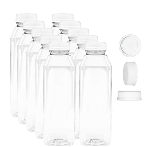 16 oz Empty Juice Bottles - Set of 10 Reusable Clear Plastic Disposable Milk Containers with White Tamper Evantend Caps 16 oz Empty Juice Bottles - Set of 10 Reusable Clear Plastic Disposable Milk Containers with White Tamper Evantend Caps