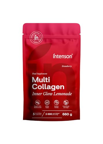 Intenson Multi Collagen Inner Glow Lemonade, Strawberry, 660g, 5 Tipos de Colágeno, Ácido Hialurónico, Vitaminas C y A, Sin Azúcar, 60 Porciones