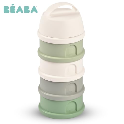 Image of Beaba Stacked Formula Container - Airtight Multifunctional Storage Container for Storing Milk Powder and Baby Food, 4 Interchangeable Compartments, Microwave Safe, Travel Friendly, Cotton & Sage Green