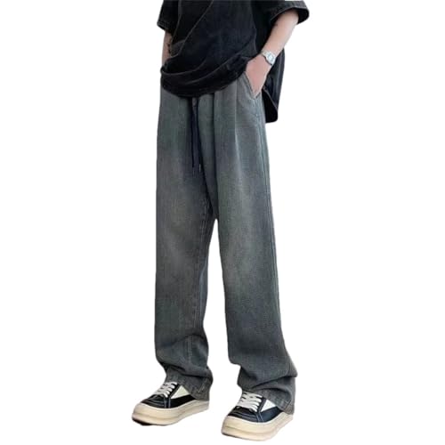 Men's Elastic Waist Lace Up Denim Pants Vintage Wash Draping Trousers Loose-Fit High Street Jeans