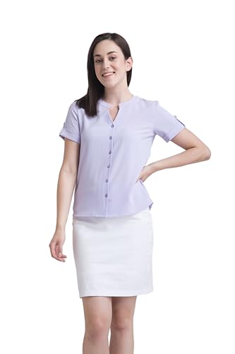 Image of FableStreet Women Formal Top | Asymmetrical Button Placket Band Collar Three-Quarter Sleeves Solid Pattern | Pure Cotton Smooth Fabric for Office & Workwear | Lavender