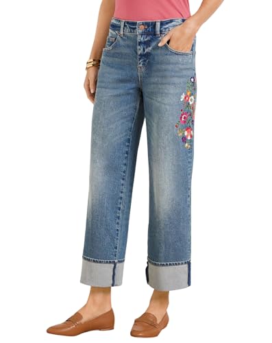 LifeShe Women Embroidered Jeans Mid Waist Stretch Cuffed Straight Leg Denim Pant