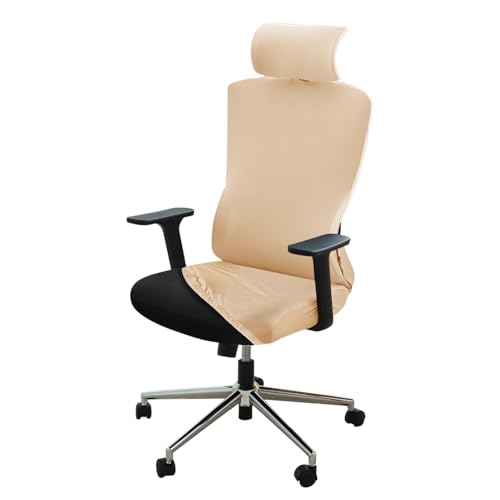 Image of HOKIPO 'SereneSolids' 140 GSM Office Chair Cover with Headrest (High-Back) - 140 GSM Stretch Fabric - Washable, Anti-Slip Fit for Ergonomic Mesh Office Chairs, Beige (AR-5369-BGE)