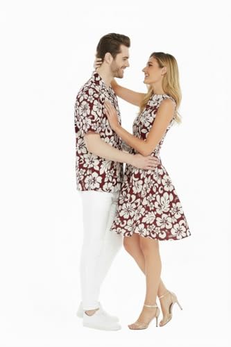 Image of Couple Matching Hawaiian Luau Men Shirt and Women Vintage Fit and Flare Dress in Classic Vintage Hibiscus