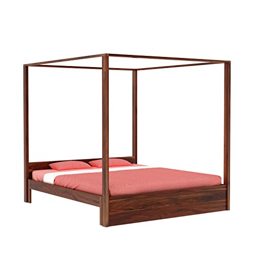 Image of Solid Sheesham Wood King Size Poster Bed Without Storage for Bed Room Living Room Home Wooden Double Bed Palang Solid Wood Bedroom Furniture for Hotel (Honey Finish)