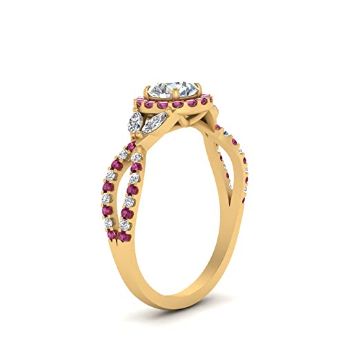Image of Choose Your Gemstone Floral Split Shank Halo Engagement Ring Yellow Gold Plated Round Shape Split Shank Engagement Ring Lightweight Office Wear Everyday Gift Jewelry US Size 4 to 12
