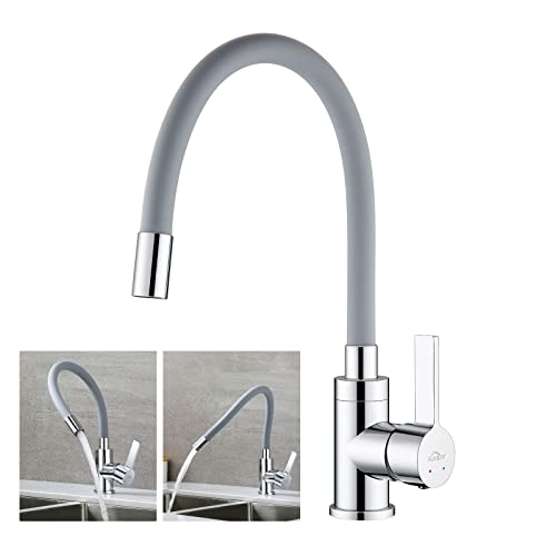 Küchenarmatur mit Flexibler Silikonschlauch, Auralum Hochdruck Wasserhahn Küche, Armatur Küche 360° Drehbar, Mischbatterie Küche mit Flexibler Auslauf (Grau)