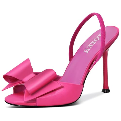 ITOZER Satin High Heels Mules Open Toe Slingback Sandals Bow Stiletto Sexy Heel Wedding Party Shoes,Pink,Size 9