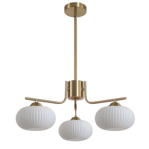 KCO Brushed Brass Gold 3-Light White Milk Ribbed Glass Sputnik Chandelier