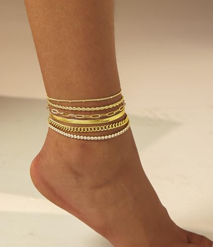 DEARMAY Gold Ankle Bracelets for Women Waterproof - Dainty 6Pcs 14K Gold Plated Anklets Layered Cuban Link Chain Herringbone Cute Anklets Set Pack Summer Beach Jewelry Gift for Women Teen2