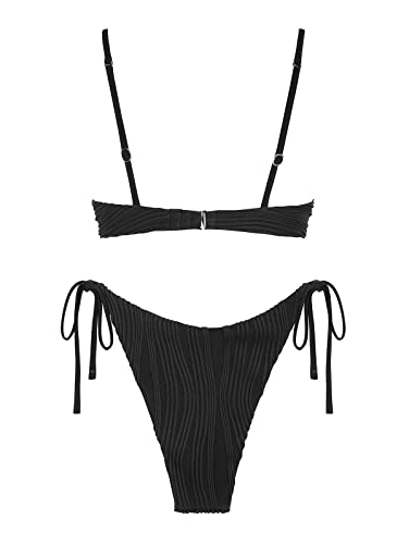 Zaful Women's Textured Underwire Bikini Set V Notch High Cut Swimwear Tie Side Ribbed Sexy Swimsuits #TOP1
