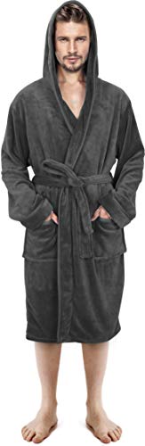 NY Threads Men's Hooded Fleece Robe, Large, Dark Grey