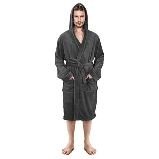 NY Threads Lyxiga herrklädsel med huva | Super Soft Fleece Robe för män | Mysig Hooded Plush Loungewear (Grå, Large)