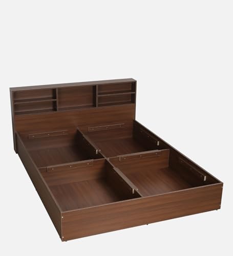 Image of Mintwud Pepperfry Solid Engineered Wood Seto Queen Size Bed with Box & Headboard Storage | Space Saving Wooden Palang | Suitable Furniture for Living Room, Bedroom, Hotel (Planked Walnut Finish)