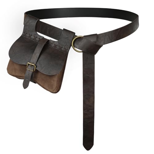 Image of HiiFeuer 2PCs Medieval Belt Bag Set, Faux Leather Buckle Waist Pack Renaissance Portable Side Pouch for Ren Faire Cosplay (Brown A)