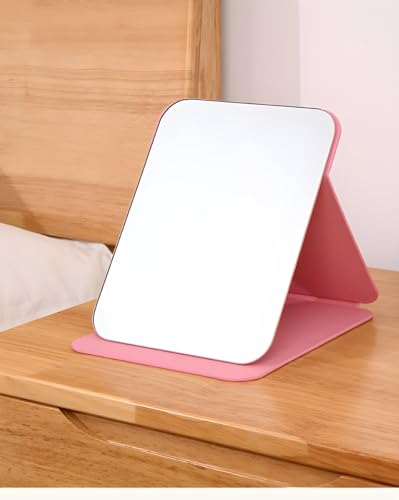 ONICORN® Foldable Makeup Mirror with Stand, Compact Portable Folding Free Standing Travel Vanity Mirror, Frameless PU Leather (Round Edge Pink 1 PCS)