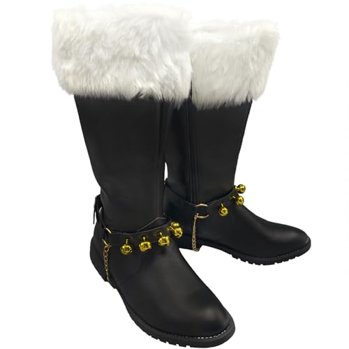 Men's Christmas Santa Claus Boots Halloween Costume Black Red Boots Wide Calf with White Fur Shoes
