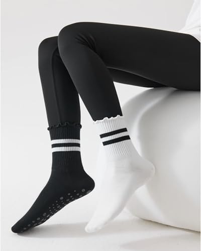 3 Pairs Pilates Socks with Grips Non-slip Yoga Crew Sock Ruffle Striped Sock for Gym Hospital Sticky Slipper Socks4