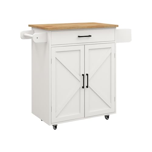 Merax 38 in Small Farmhouse Kitchen Cart with Rubber Wood Table Top,Rolling Kitchen Island Table with Storage Cabinet&Drawer, Spice/Towel Rack, Adjustable Shelves