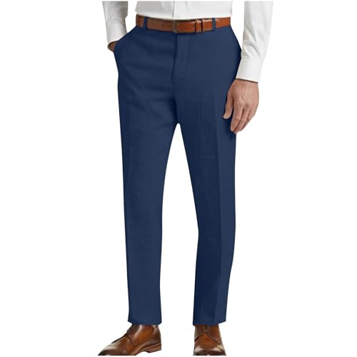 Mens Cotton Linen Suit Pants Classic Fit Casual Business Dress Pant Lightweight Wrinkle Free Stretchy Lounge Trousers