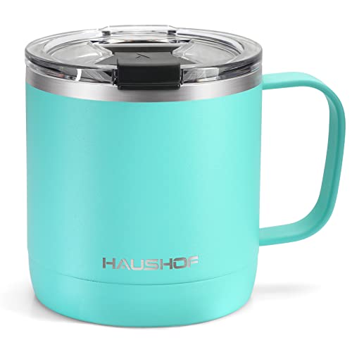 HAUSHOF 14 oz Coffee Mug, Insulated Coffee Mug with Handle, Travel Camping Cup, Portable Stainless Steel Coffee Cup, Insulated Coffee Cups with Lid, L