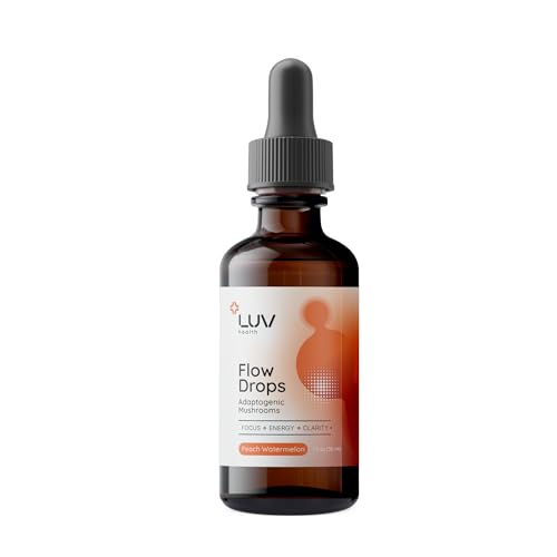 Flow Drops LUV Health Energy Supplement for Focus Mental Clarity & Immune Support - Adaptogenic Mushrooms with Lions Mane Cordyceps Reishi Chaga & Turkey Tail Vegan Made in USA 30 Servings