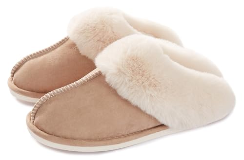 Damer tofflor för män vinter Memory Foam Fluffig Mjuk Varm Slip On House Mocka, Fårskinn Mysig plysch för inomhus utomhus Kaki 40.5-41