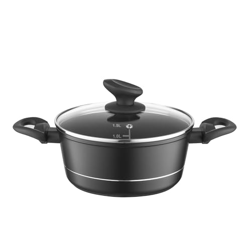FLORINA Olla de Aluminio (1,5 l) I 18 cm I Olla con Tapa de Vidrio DELUX I Medidor y Revestimiento Antiarañazos I Cazuela Induccion I Apta para Cocina de Inducción, Gas y Eléctrica (Negra)
