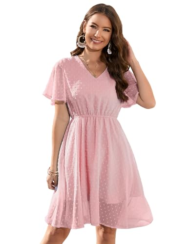 KOJOOIN Sommerkleid Damen Elegant Kleid Knielang Swiss Dot A-Linie Kurzarm V-Ausschnitt Strand Hochzeit Festlich Hellrosa M
