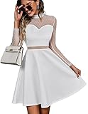 Zeagoo Damen Kleider Spitze Elegant A Linie Partykleider Hohe Taille CocktailKleider Minikleider Festliches SkaterKleider Einfarbig Mesh Kleider Sexy Swing Kleiderer Weiß M