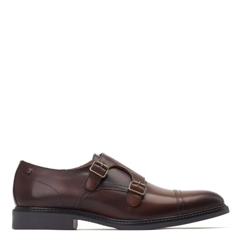 Base London Diablo Waxy - Zapatos de cuero marrón con doble correa de monje para hombre, Brown, 43 EU