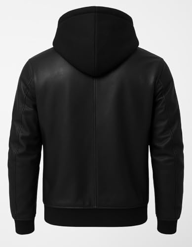 Image of Blaq Ash Men's Black Faux Leather Biker Jacket with Removable Hood, Full-Zip Closure