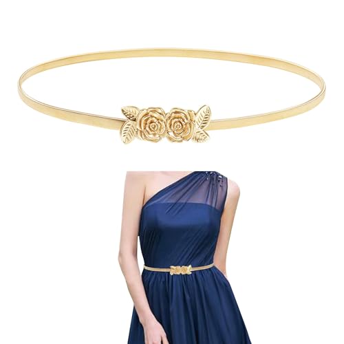 E-Clover Vintage Women Gold Metal Skinny Elastic Rose Buckle Dress Waist Belt
