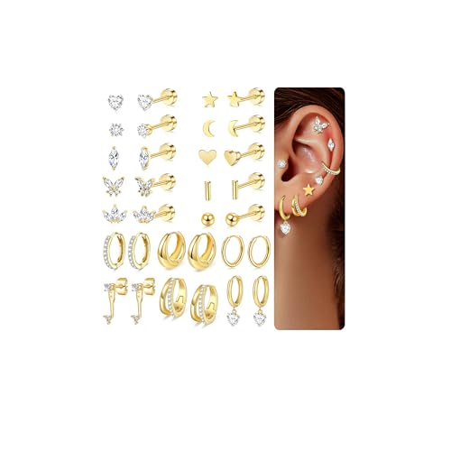 14K Gold Plated Flat Back Earrings & Hoops Set - 16 Pairs Hypoallergenic Cartilage Studs & Mini Hoops for Women | Threadless Push-in Design, Tiny Star, Moon, Heart, CZ Studs & Chunky Hoops