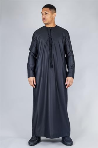 Men's Thobe Emirati Omani Jubba Islamic Clothing Muslim Kaftan Eid Robe String Tassel|Black2
