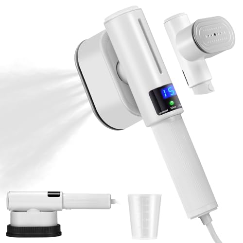 Praclife Travel Steamer for Clothes with LED Screen Display, Portable Travel Iron Steam Mini Holiday 1200W Fast Heat Up Handheld Garment Steamer, 90° Rotatable Handle, 100ml Water Tank, White
