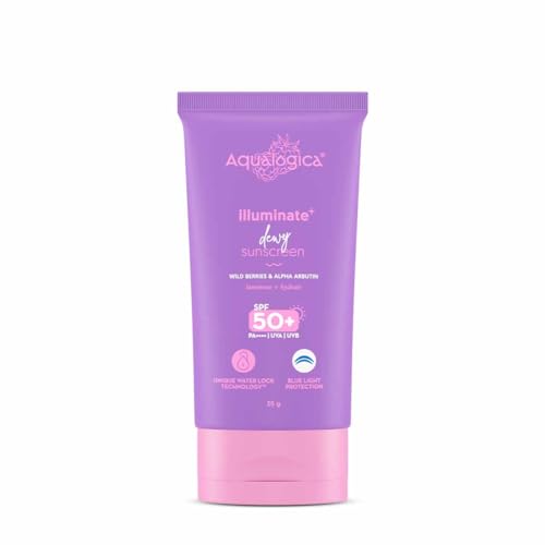 Aqualogica Illuminate+ Dewy Sunscreen Gel SPF 50+ PA++++ with Wild Berries & Alpha Arbutin | Broad Spectrum SPF 50+ PA++++ | UVA/B & Blue Light Protection | Evens Skin Tone | Fragrance-Free & No White Cast | For Luminous & Sun Protected Skin | 30 g